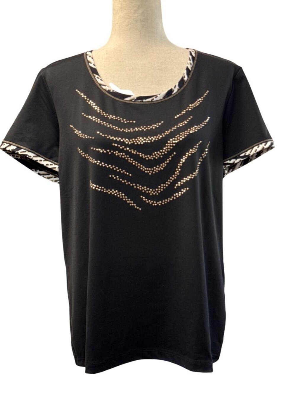 Zenergy by Chicos Metal Bling Top~Size 2 (L/12)~Black Animal Print Tee L9 29